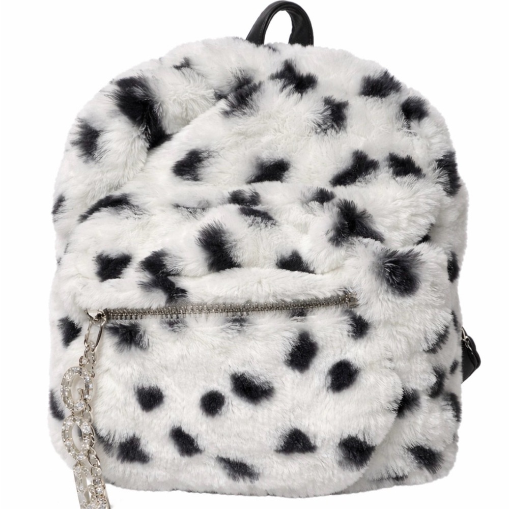 NWT Gilda Paris Dalmatian Faux Fur Mini Backpack Black and White Plush Bag